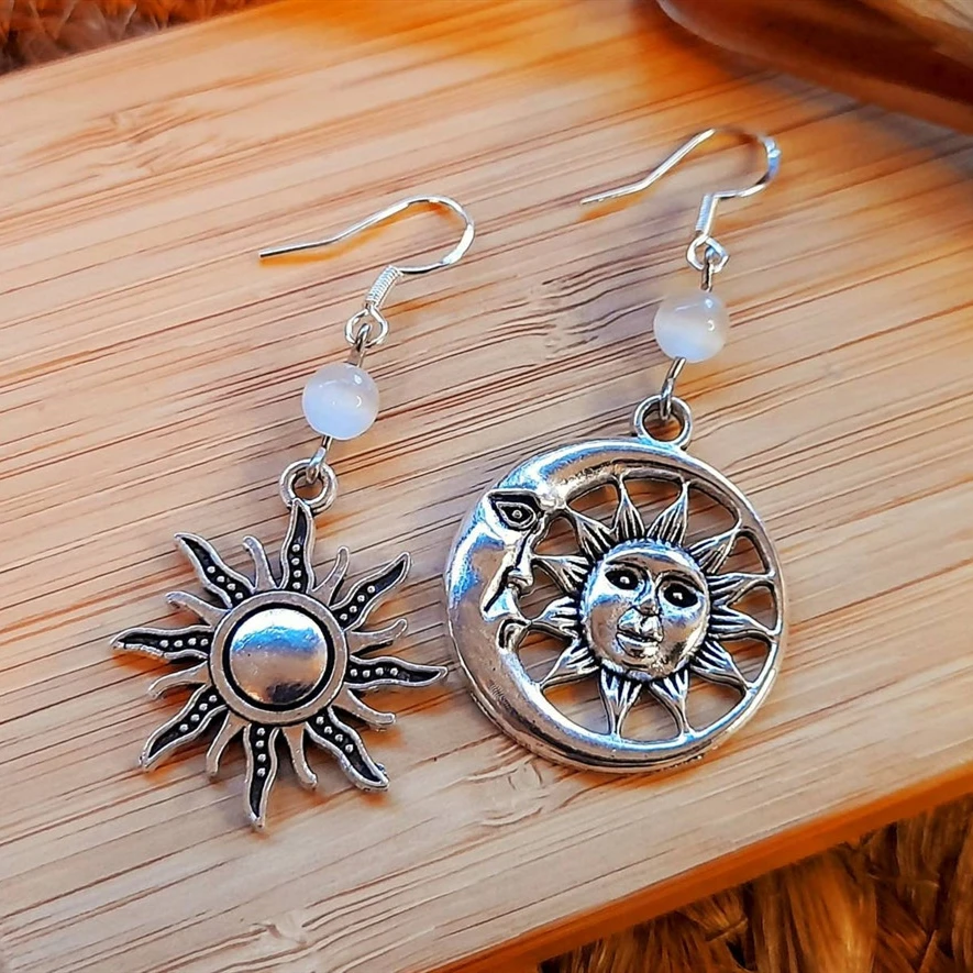 

Asymmetrical Earrings, Sun and Moon Earrings, Celestial Earrings, Moon Beads Earrings, Mismatched Celestrial Earrings