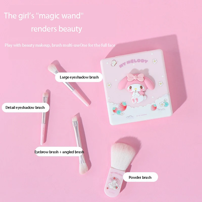 

Sanrio Anime Cartoons Kawaii My Melody Cinnamoroll Sweet and Lovely Mini Portable 4-piece Beauty Brush Set Equipped with Mirror