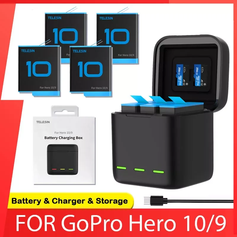 

GoPro 10 9 Battery Charger 3 Way Smart Charging Case Rechargeable 1750mAh Battery Storage Box For Go pro Hero 9 10 Accessories