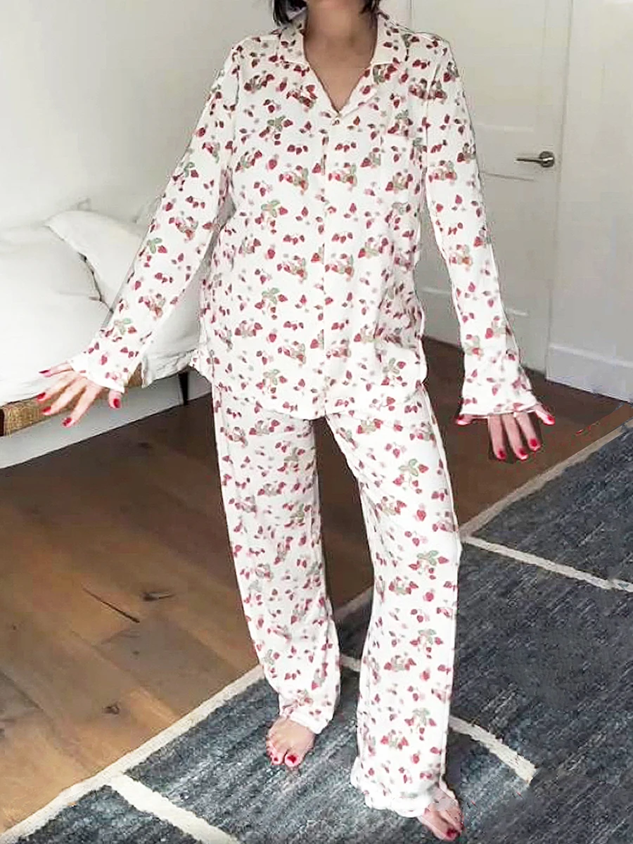 Женский пижамный комплект с клубничным принтом топы на пуговицах длинными