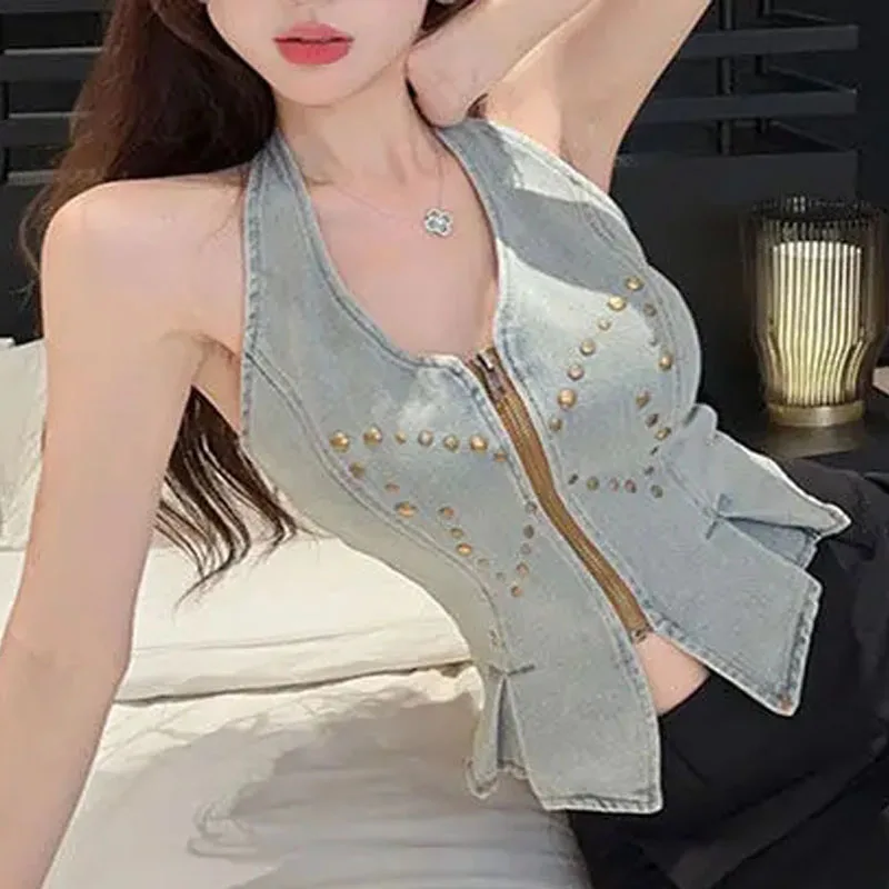 Женские пикантные джинсовые короткие майки укороченный топ 2024 асимметричный