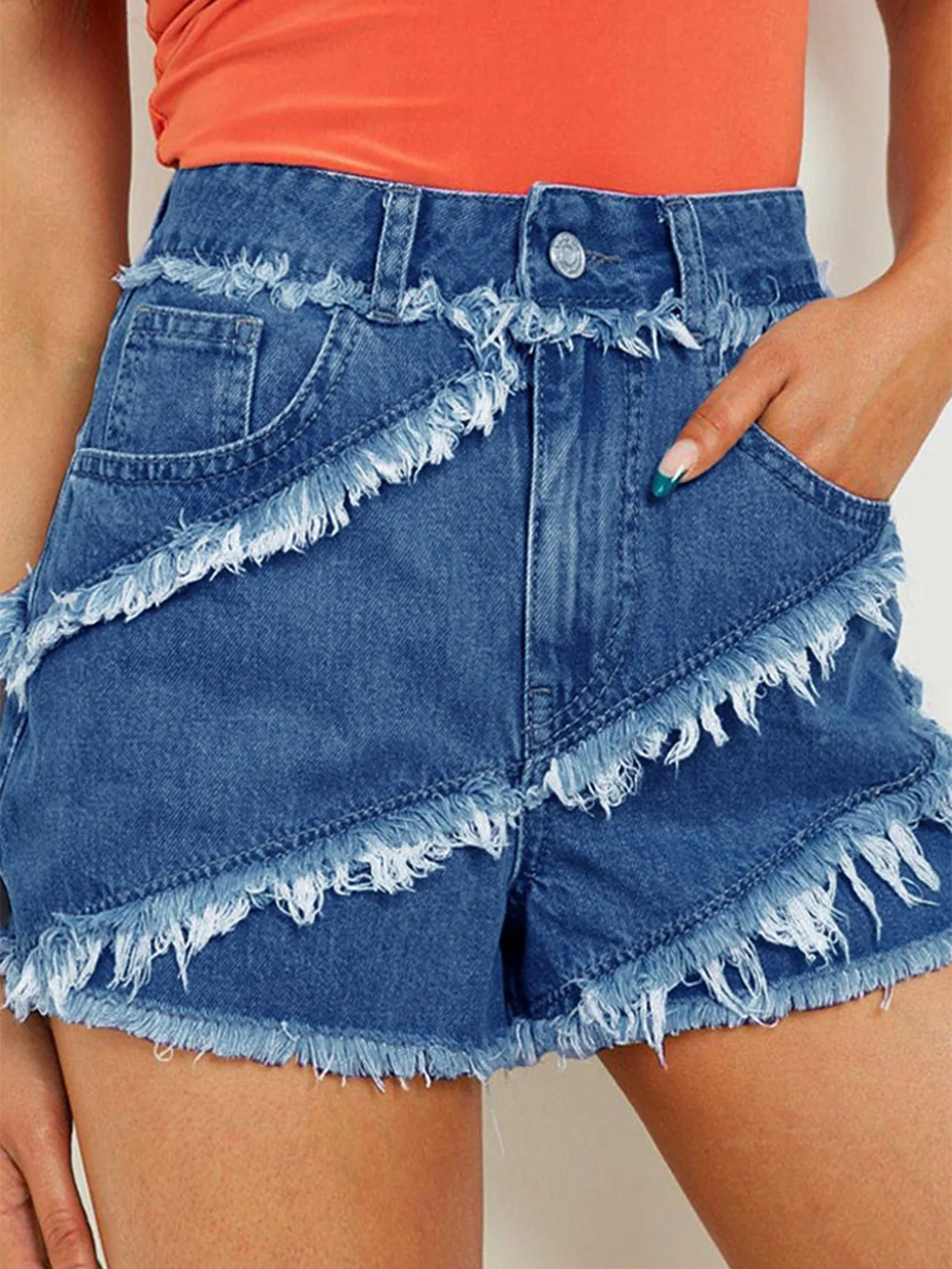 Summer Pocket Button Frayed Hem Denim Shorts Women Harem Ruffled Blue High Waisted Shorts Female Elastic Short Jeans