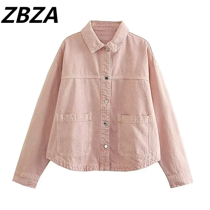 

ZBZA Women 2023 New Fashion San Se Patch Pocket Adorn Jean JacketCoat Vintage Long Sleeve Female Outerwear Chic Overshirt