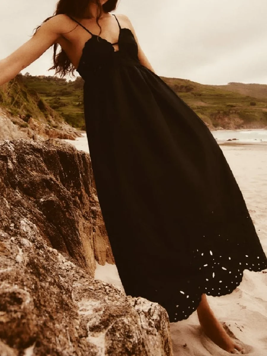 

Женское ажурное платье макси на бретелях-спагетти, однотонное повседневное длинное платье без рукавов с V-образным вырезом и драпировкой, лето 2023