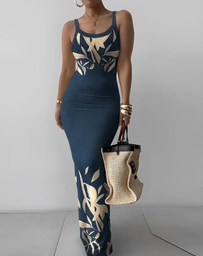 

Elegant Dresses for Women 2023 Summer Fashion Casual Sexy Slim Plants Print U-Neck Maxi Skims Dress Beach Vacation