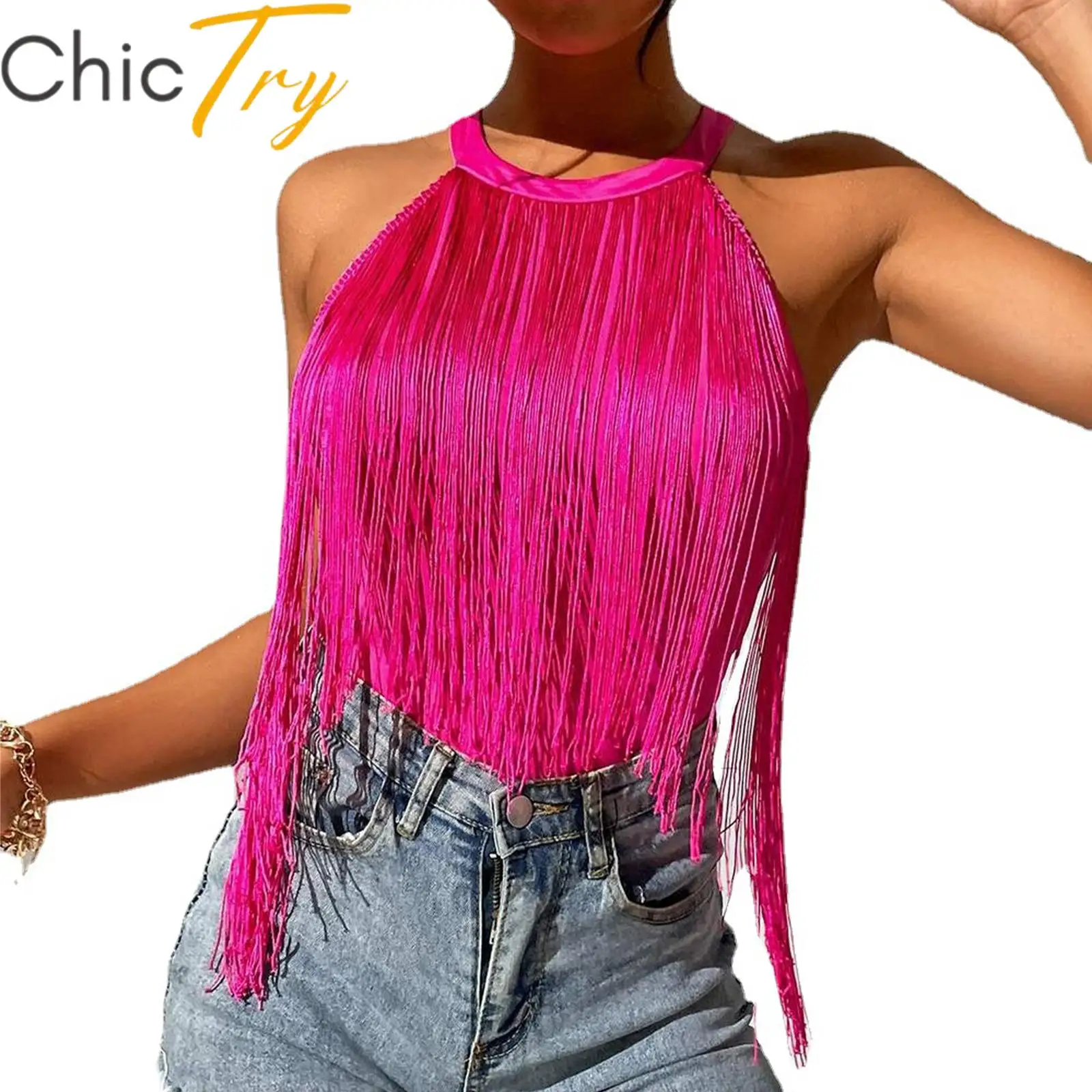 

Женский укороченный топ с бретелькой через шею и бахромой, однотонный жилет с бахромой без рукавов, топы для отдыха, Пляжная Коктейльная модель, для выступления на сцене