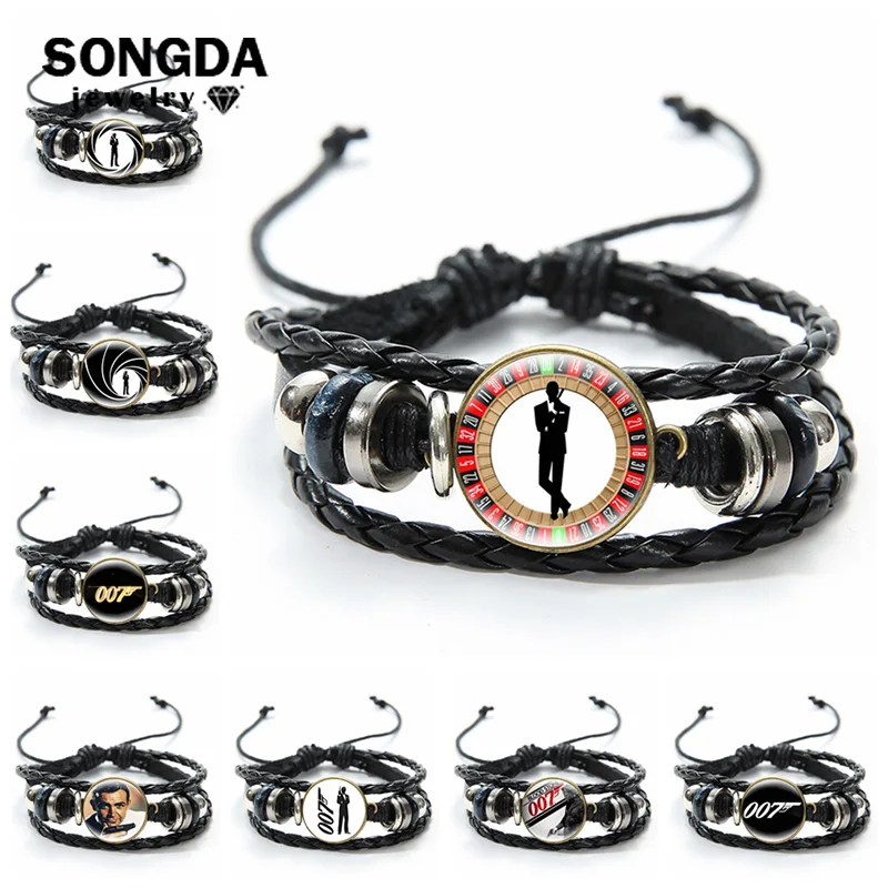 

British Legend James Bond 007 Leather Bracelet James Bond 007 Glass Cabochon Multilayer Braided Punk Bracelet Bangle Men Jewelry