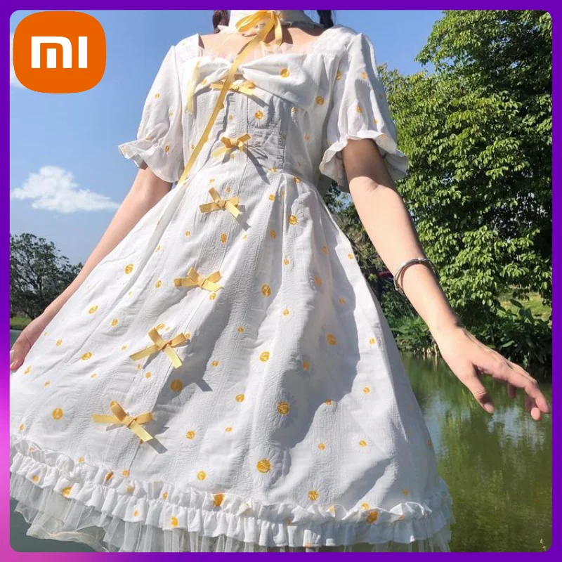 

Xiaomi Lolita Dress Women White Kawaii Sweet Bow Floral Dresses Muslin Ruffle Puff Sleeve Japanese Fairy Sundress Summer Robe