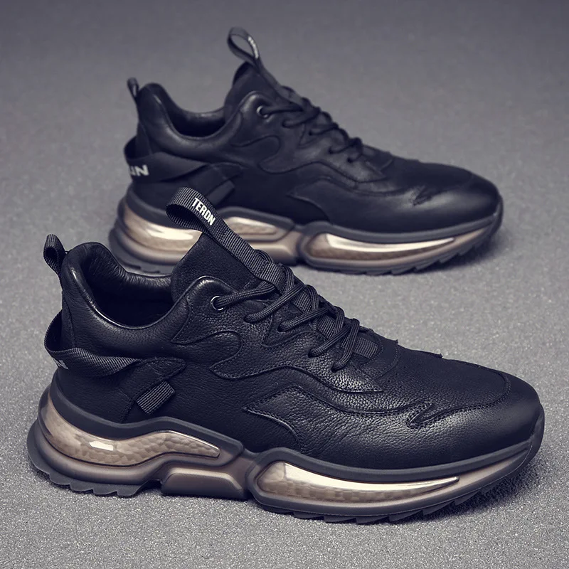 

Кроссовки мужские из натуральной кожи, повседневная спортивная обувь, крутая мягкая подошва, черные, телячья кожа, весна-осень