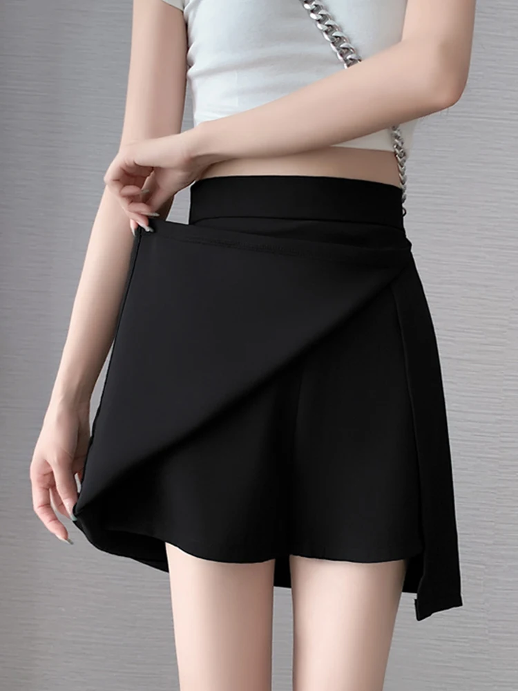 

Женская юбка с разрезом, однотонная черная короткая трапециевидная юбка с завышенной талией, облегающая юбка с запахом на бедрах, на лето