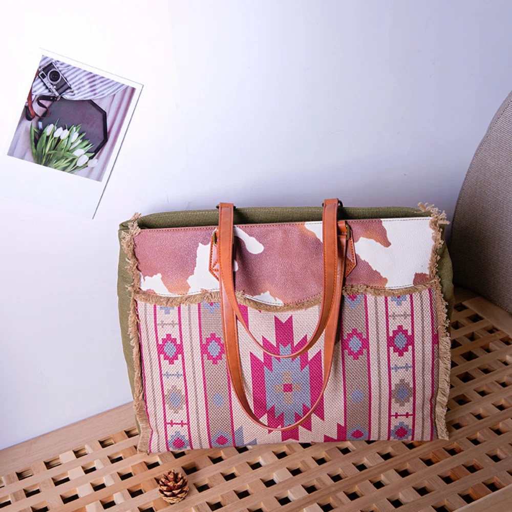 Vintage Canvas Shoulder Tote Bags Women Fashion Versatile Weave Tassels Handbags Ladies Large Capacity Tribal Ibiza Style Bag