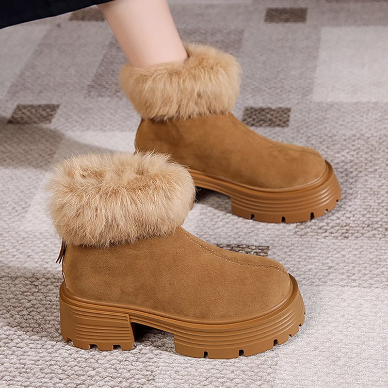 

Winter Women Snow Boots Fashion Platform Female Suede Keep Warm Short Boot Ladies Soild Plush Zipper Thick Sole Booties 2022 New