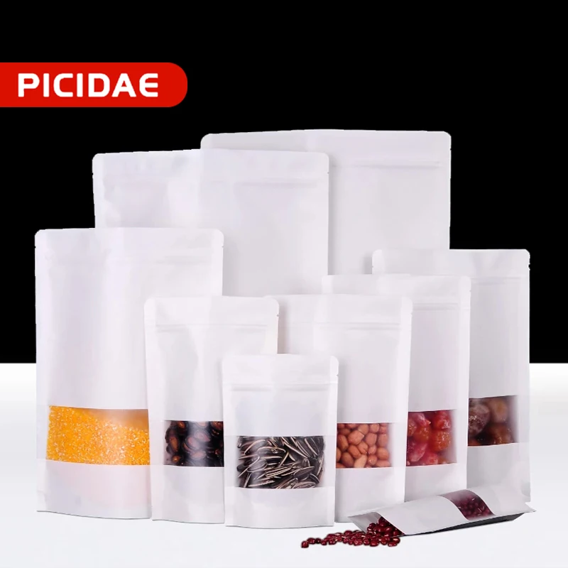 

White Frosted Window Kraft Paper Self-supporting Self-sealing Bag Food Storage Bag Coffee Bean Tea Nut Bag Kitchen Packaging