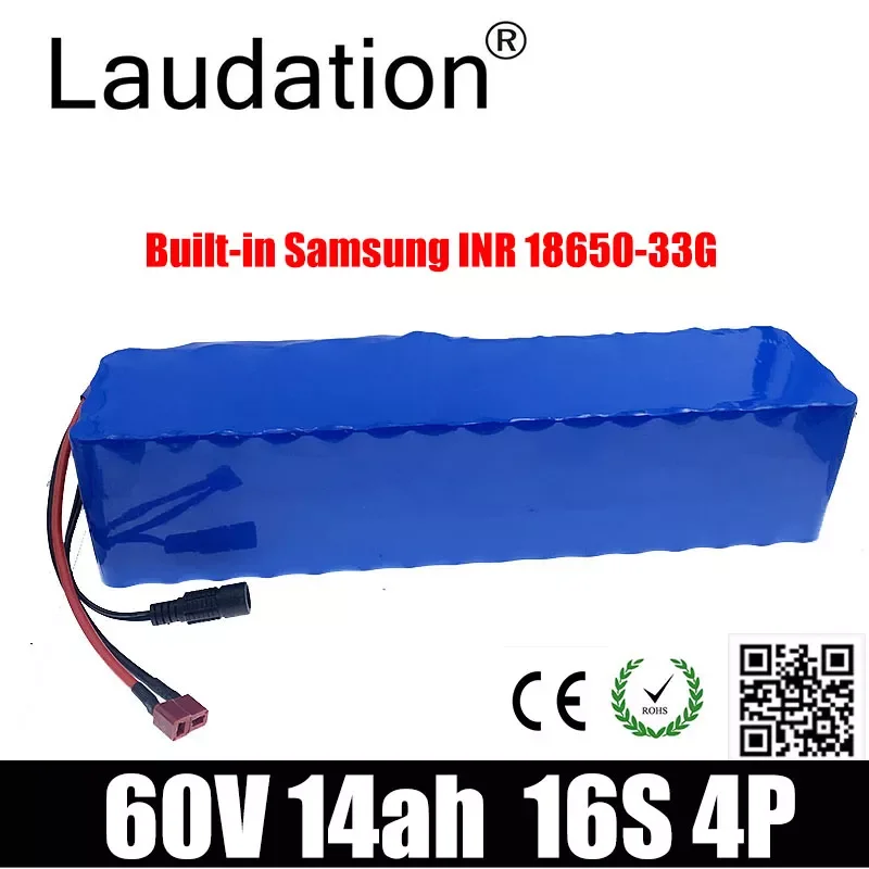 

Laudation 60V 14AH Electric Bike 60v 14ah Battery 18650 Rechargeable Battery Pack 16S 4P Built-in 30A BMS For Electric Bicycles