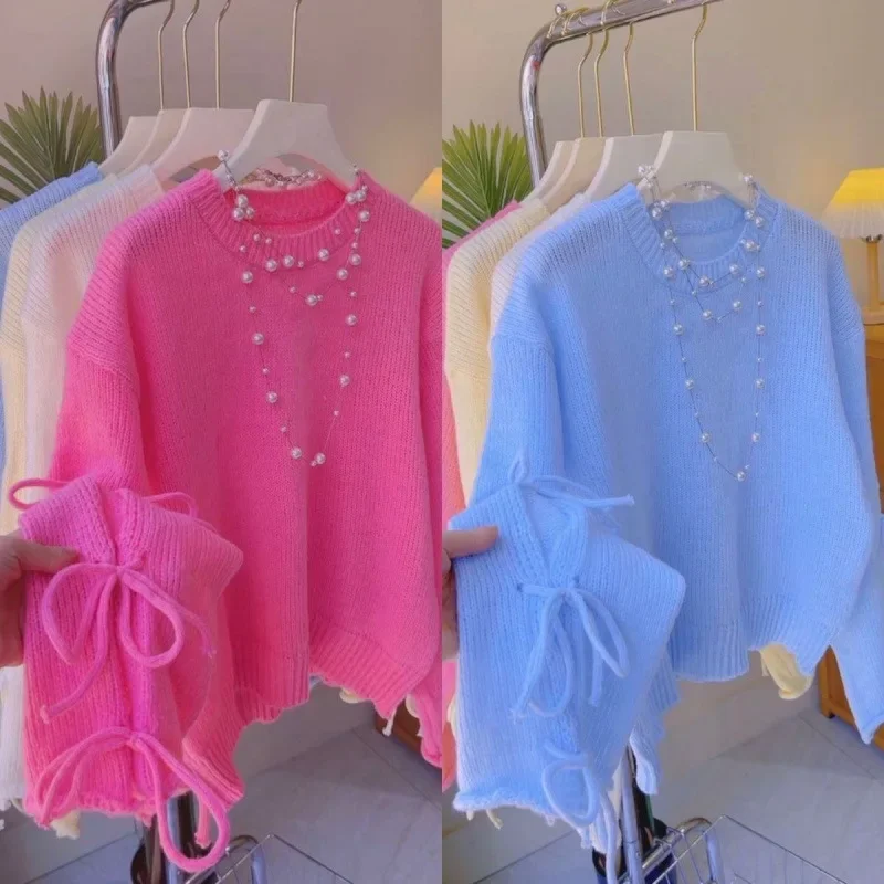 Осенний однотонный вязаный топ ярких цветов с бантом и круглым вырезом женский