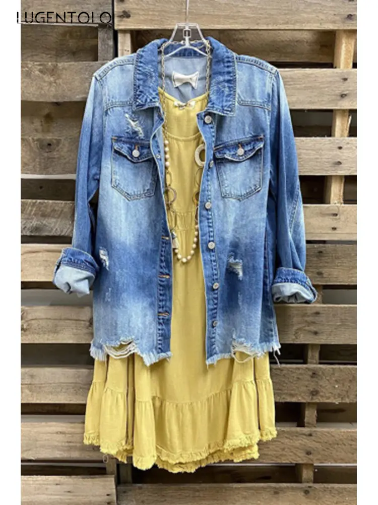

Women Hole Fashion Denim Coat Casual Solid Lapel Single-breasted Female Street Long Sleeve Trend Jacket