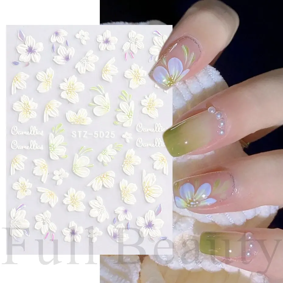 

5D Relief Camellia Nail Sticker Spring Summer Flower Fresh Nail Art Engraved Slider Adhesive Decal for Manicure LASTZ-5D25