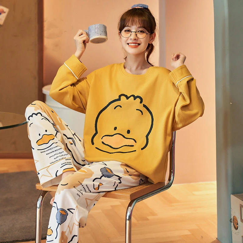 

2022 Spring Summer Women's Pajamas Cartoon Print Kawaii Home Clothes Cotton Set Woman 2 Pieces Pijama Loose Sleepwear Fashion 잠옷