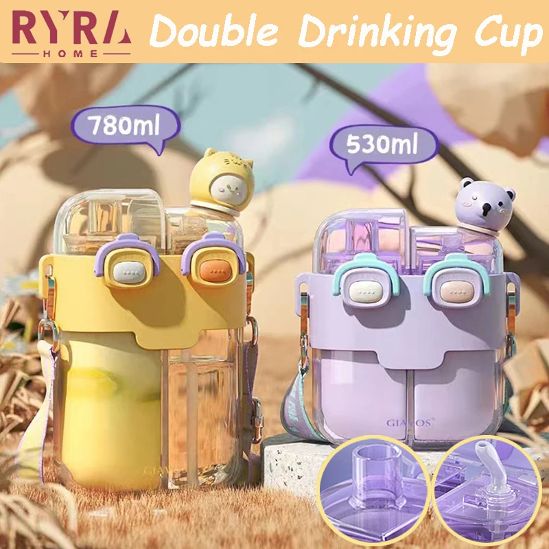 

530/780 мл портативная мультяшная пластиковая двойная чашка для питья Детская летняя Милая чашка для воды для студентов с ремешком без БФА