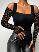 spring summer women clothing daily wear black t shirts elegant cold shoulder long sleeve skinny casual top