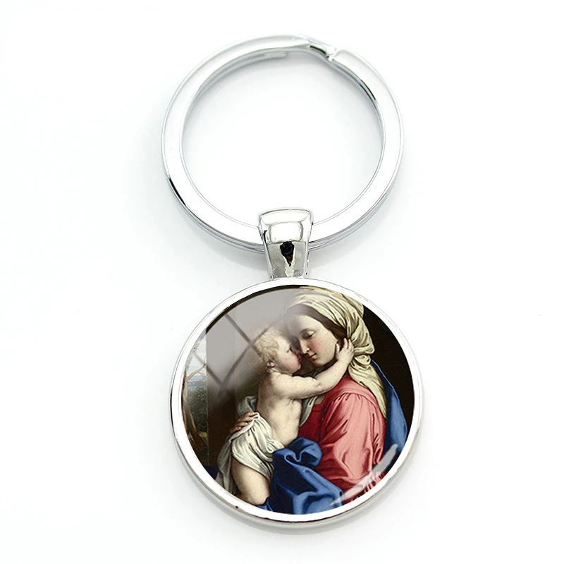 

2023 New Customizable Vintage Virgin Mary of Children Christian Keychains Classic Oil Painting Glass Key Chain Wholesale Jewelry