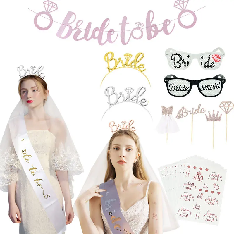 

Wedding Decoration Rose Gold Bride To Be Veil Stain Sash Team Bride Glasses Tattoo Stickers Bachelor Party Bridal Shower Decor