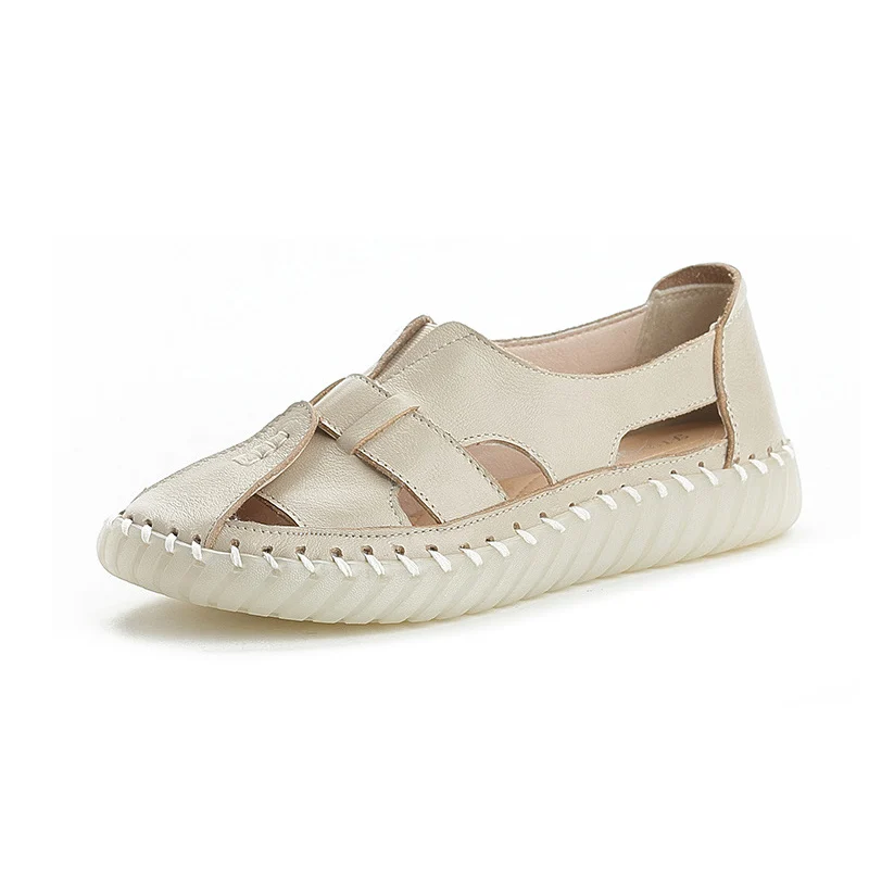 Summer Flat Sandals Woman Big Size 42 43 Round Toe Genuine Leather Thick Sole  Manual Suture Mom Hollow Sandals Casual Sneakers