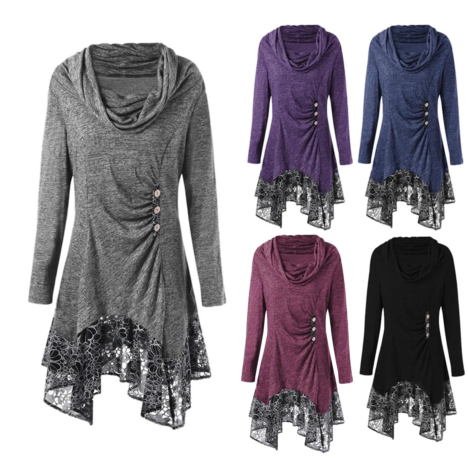 

Women's Long-Sleeved Lace Patchwork Irregular Hem Hooded Dress Fashion Turtleneck Long Sleeve Solid Color Retro Button Dresses