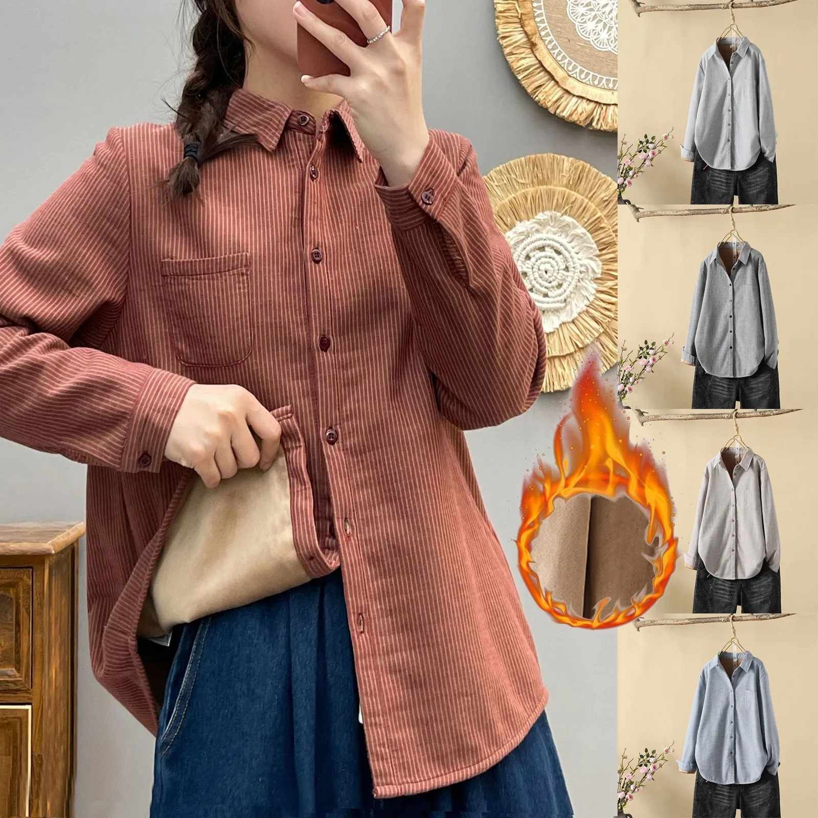 

Women Fashion Stripe Casual Button Shirt Turndown Collar Long Sleeve Shirt Pocket Blouse Top V Neck Woman T Shirt
