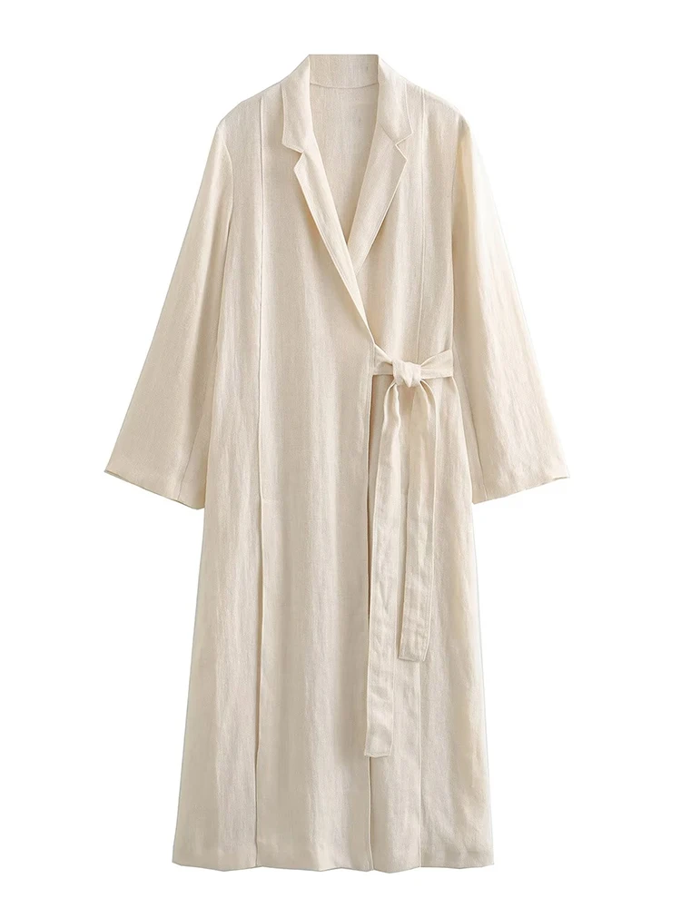 

TRAF Spring /Summer Women Solid Coat With Belt 2023 New Office Ladies Fashion Lapel Long Sleeves Side Split Elegant Long Coat