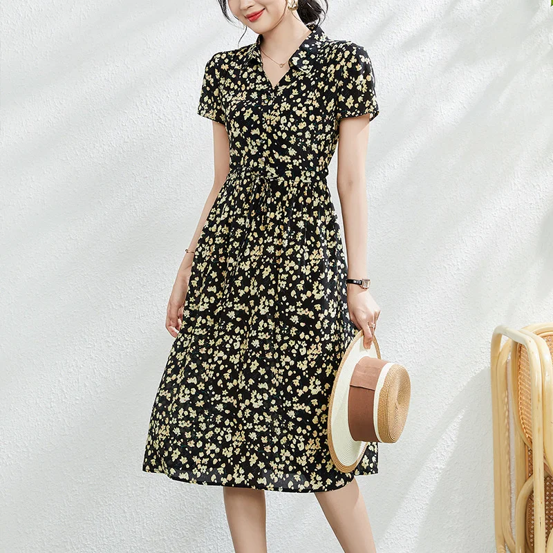 Black Printing Mulberry Silk Dress Women's 2023 Summer New Temperament V-neck Slim Fit Summer Silk Slim dress 23E012