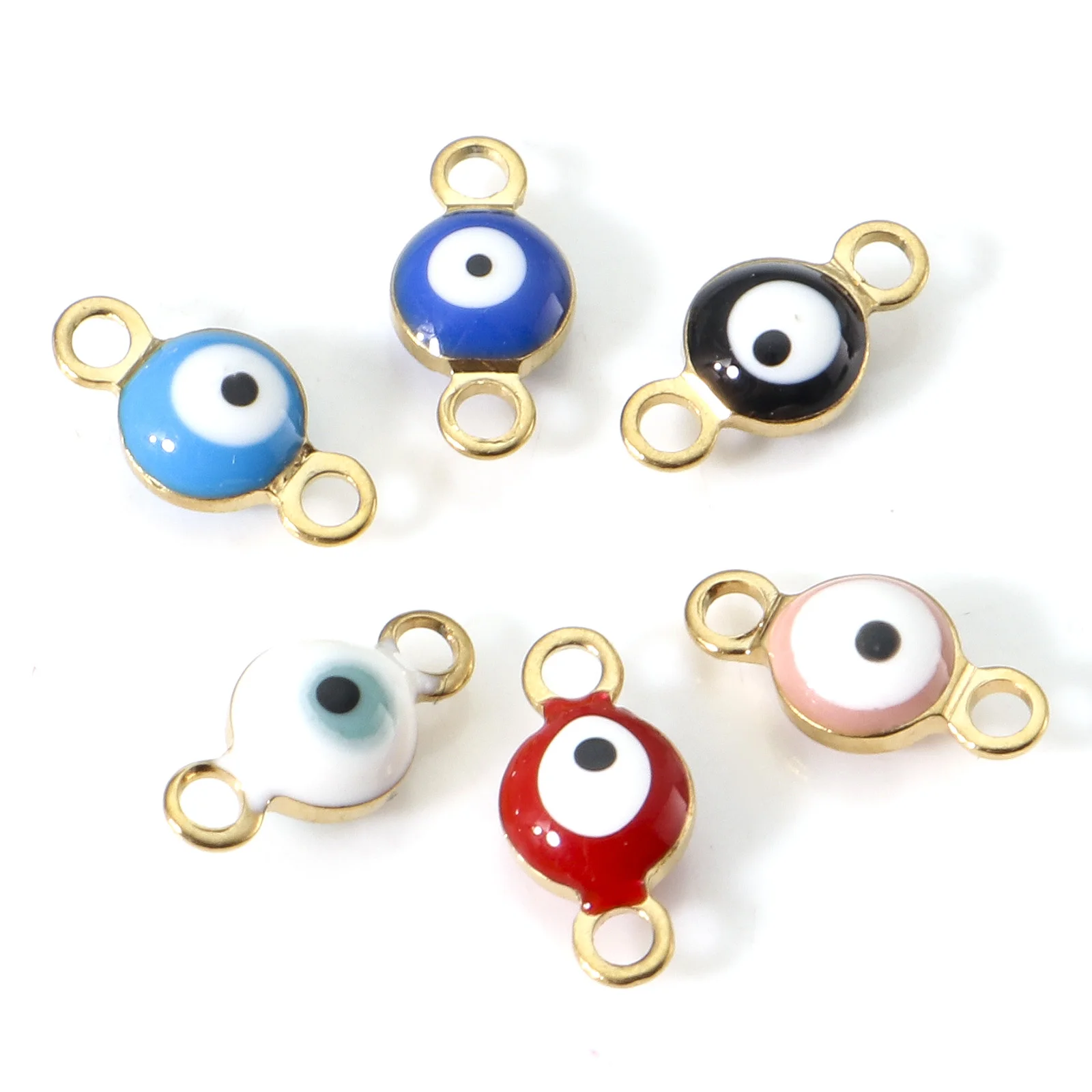 

10PC Stainless Steel Round Evil Eye Religious Connectors Double Sided Enamel Charms Diy Bracelet Jewelry Making Findings 9x4.5mm