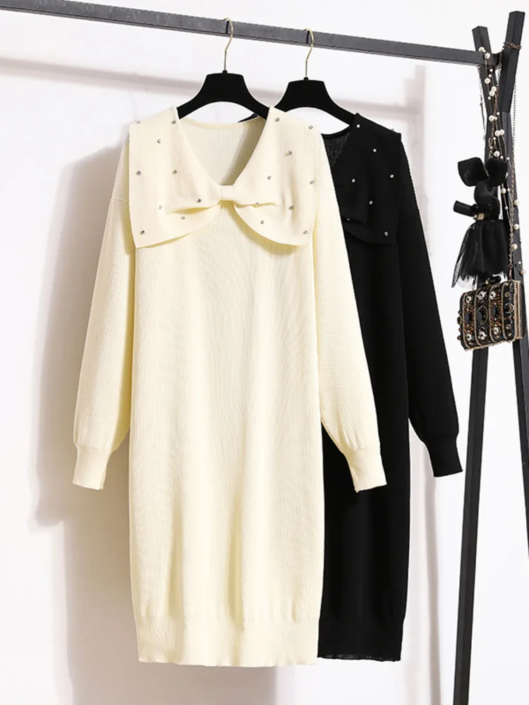 

Autumn Winter Knitted Sewater Dress For Women High Quality Bow Collar Solid Temperment Knitwears Dresses For Women Warm Sweater