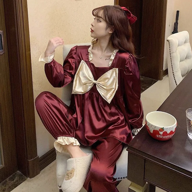 Cute Pajamas Set Full Sleeve T-shirt Long Pants 2Piece/Set Summer Sexy Bow Pyjama Big Size Homewear Cozy Plus Sweet Sleepwear