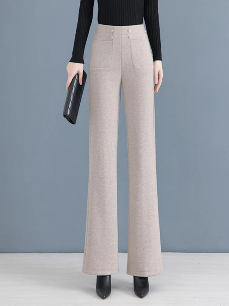 Утепленные шерстяные брюки больших размеров с высокой талией на флисовой