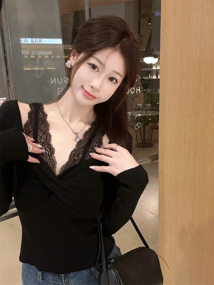 Красный кружевной шов с v-образным вырезом искусственный вязаный женский