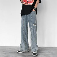 men jeans retro stitching breasted jeans ripped solid color straight loose jeans korean style hip hop jeans y2k streetwear loose