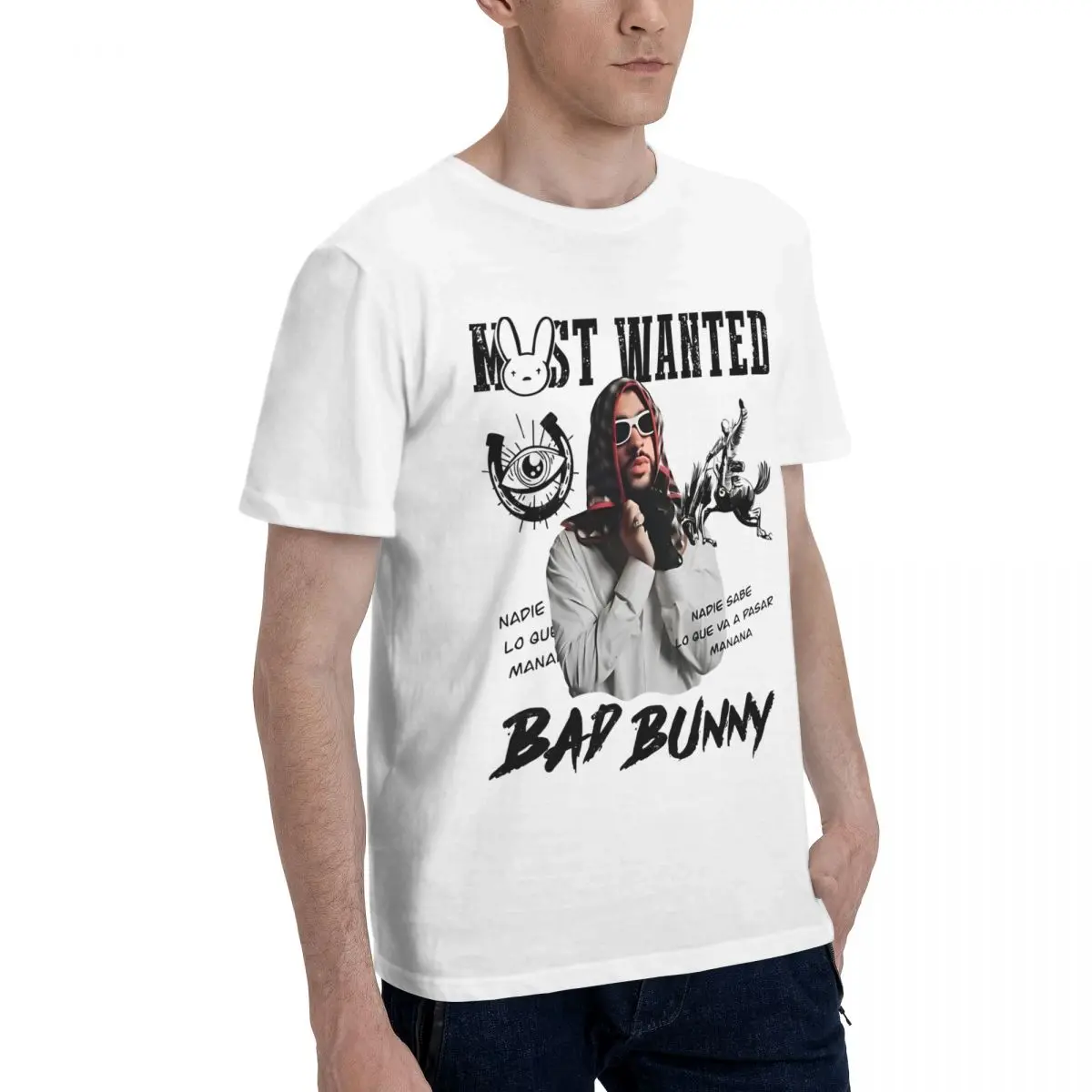Фото Мужская и женская футболка Bad Bunny Most Wanted Tour 2024, модные летние футболки, забавная повседневная хлопковая одежда, подарок на день рождения №3