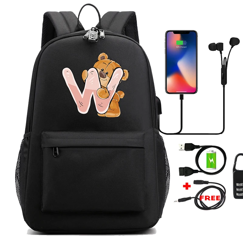 

Lovely Little Bear 26 English Letters Backpack Girl Laptop Bag Schoolbag Teenager Back To School Waterproof Anti Theft Bookbag