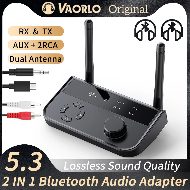 VAORLO 2 IN 1 Bluetooth 5.3 Audio Transmitter Receiver Multipoint Connect 3.5mm AUX 2 RCA Stereo Music Wireless Adapter Dongle