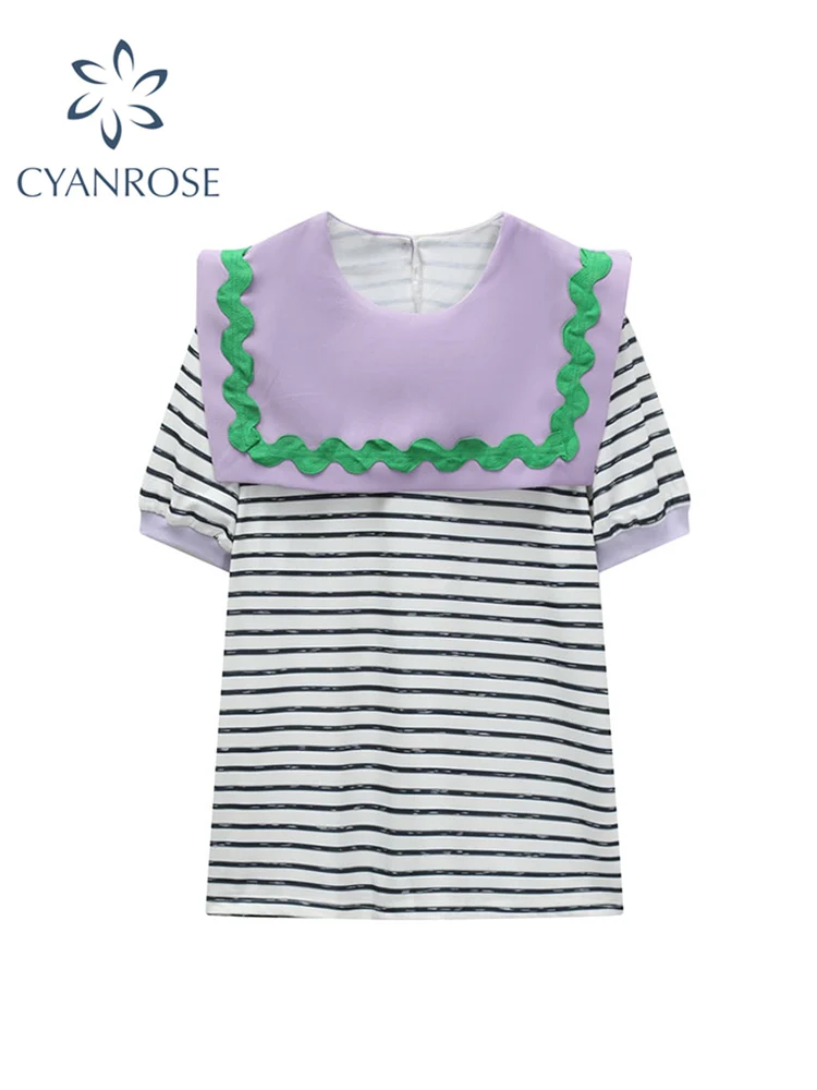 

Short Sleeve T-Shirt Women Preppy Style Fashion Vintage Striped Top 2022 Summer Female Casual Sweet Kawaii Sailor Collar T Shirt