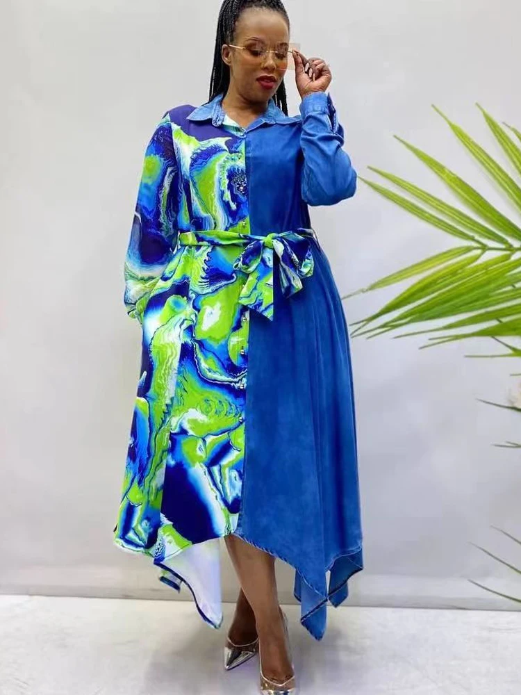 

Denim Dress For Women African Dashiki Print Long Sleeve Shirt Dresses Tenue Africaine Femme Plus Size Boubou Hippie Clothes