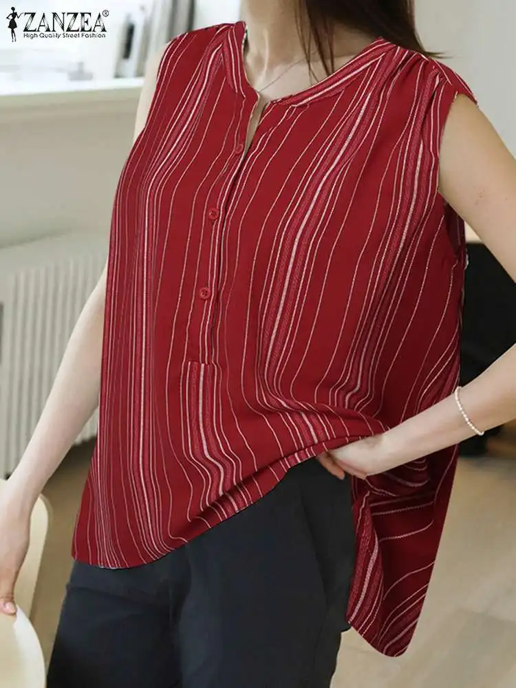 

ZANZEA Fashion Striped Print Blouse Sexy Sleeveless Tank Tops Women 2023 Summer Buttons Shirt Holiday Round Neck Casual Tunics