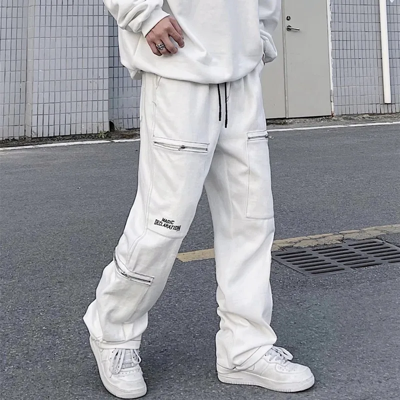 2022 Ropa Zipper Multiple Pockets White Cargo Jeans For Men Clothing Baggy Casual Tracksuit Pants Drawstring Sweatpants Pantalon