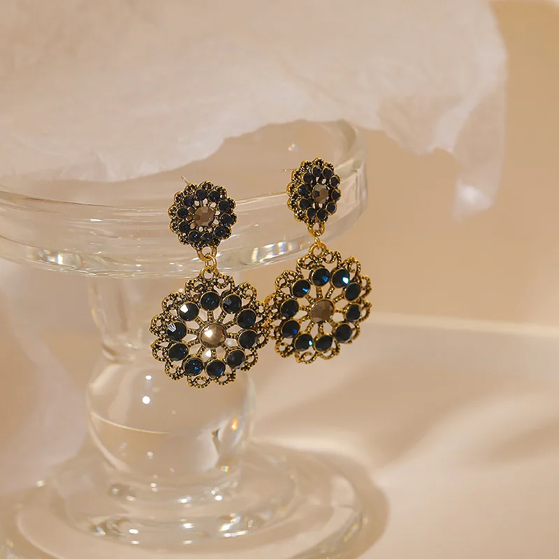 

New 2022 Fashion Women Blue Crystal Double Round Drop Earrings Vintage Korean Trendy Earrings Shiny Party Jewelry