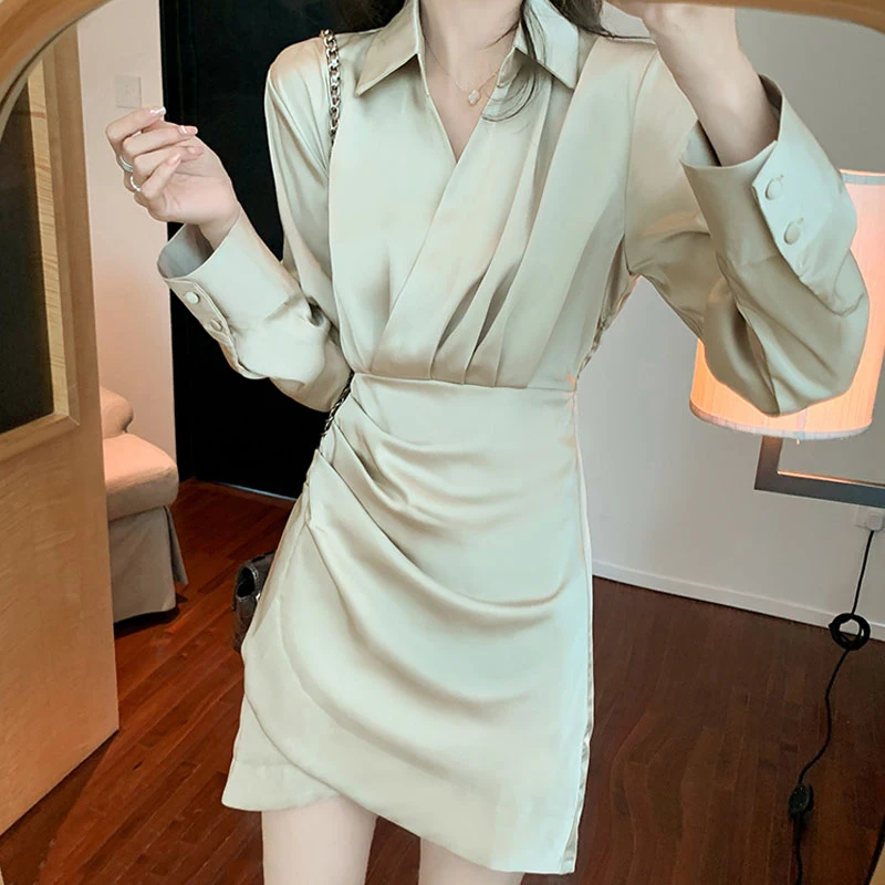 

Spring Autumn Shirt Dress for Women Solid Office Lady Elegant Korean Fashion Sweet Vestidos V Neck Mini Dresses