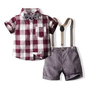 Summer Kids Suits Boy  Plaid Shirt Sleeve Shirt + Casual  Shorts Set and Bow Tie For 1-6 Year Old  Boys Boutique Kids Clothing