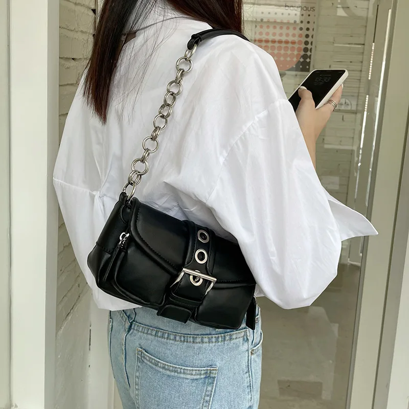 

Trendy Vintage Handbag Solid Color Women's Chain Small Shoulder Bag Female Fashion PU Leather Underarm Bags Crossbody Messenger