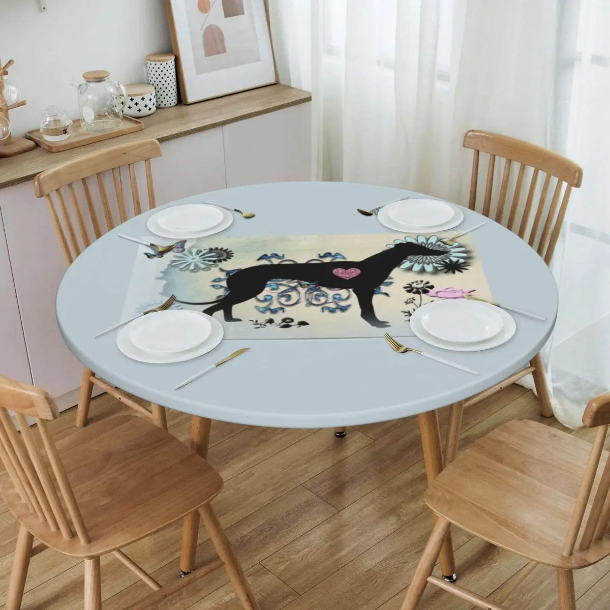 

Round Waterproof Oil-Proof Greyhound Sighthound Art Tablecloth Backed Elastic Edge Table Cover 40"-44" Fit Dog Table Cloth