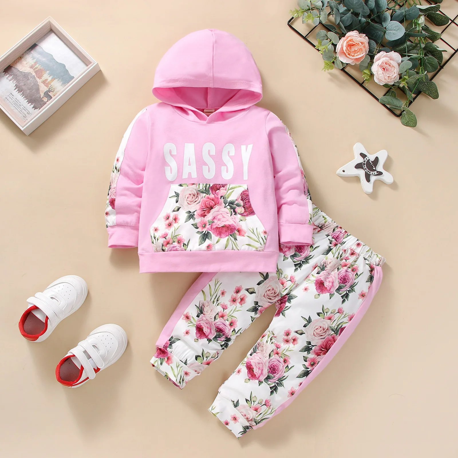 

Baby Girl Clothes Set Autumn Spring Letter Flower Print Hood Clothes Sweatshirt Trousers Kids Toddler Casual Clothes Suit